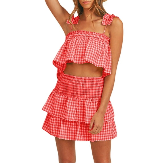 Michellecmm Fashion Women's 2 Piece Skirt Outfits Ruffle Shoulder Strap Plaid Tank Tops Tiered Skirt Set