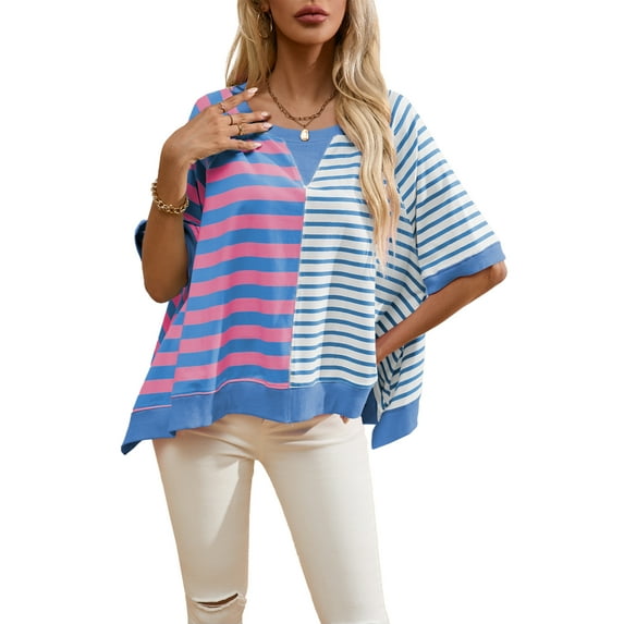 Michellecmm Fashion Women's Striped Tops Loose Round Neck Short Sleeve Casual T-Shirt for Summer Streetwear