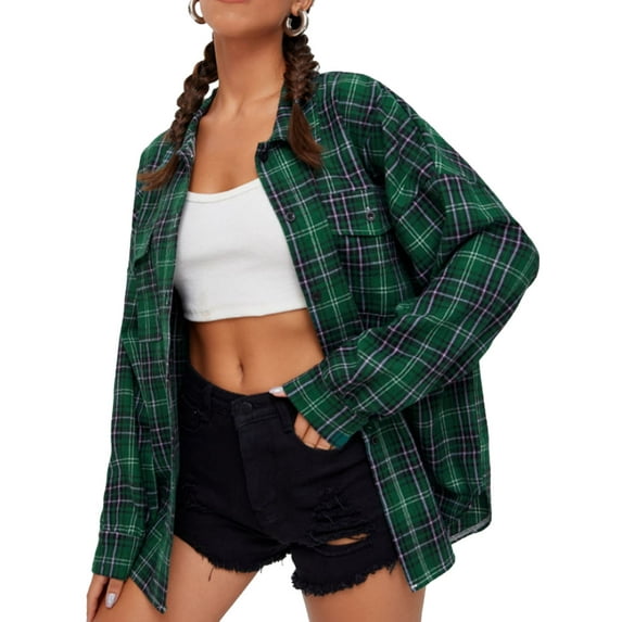 Michellecmm Female Shirt, Adults Plaid Turn-Down Collar Long Sleeve Tops Single-Breasted Blouse for Spring Fall, S/M/L/XL/XXL