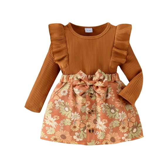 Michellecmm Girl Skirt Set Ruffled Ribbed Tops Flower Print Bow Short Skirt Outfit