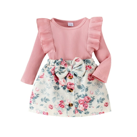 Michellecmm Girl Skirt Set Ruffled Ribbed Tops Flower Print Bow Short Skirt Outfit