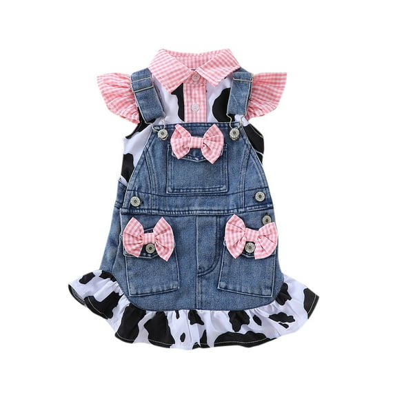 Michellecmm Girl Summer Outfit Cow Print Flying Sleeve Tops Denim Overalls Skirt