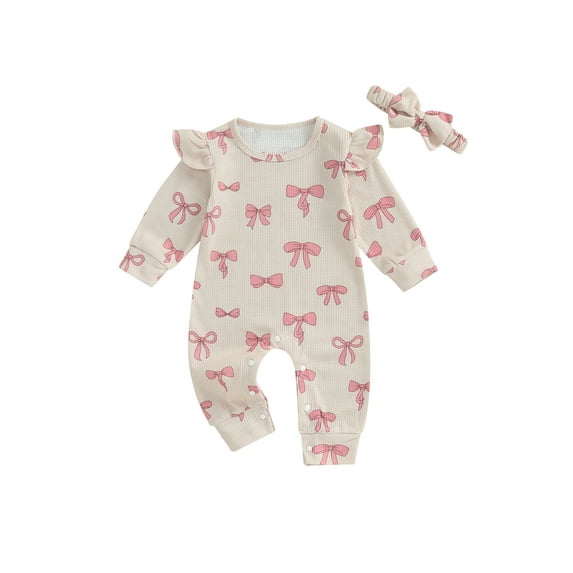 Michellecmm Girls Autumn Jumpsuit Long Sleeve Bow Print Romper with Headband