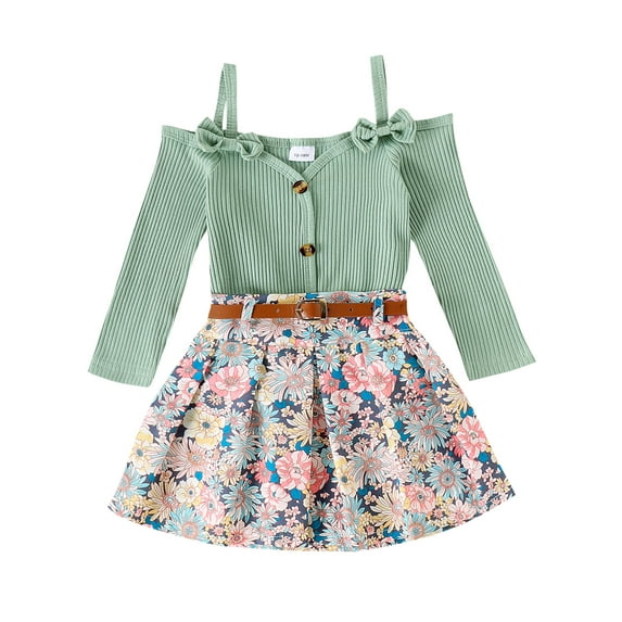 Michellecmm Girls Skirt Set, Long Sleeve T-shirt with Belted Floral Pleated Skirt