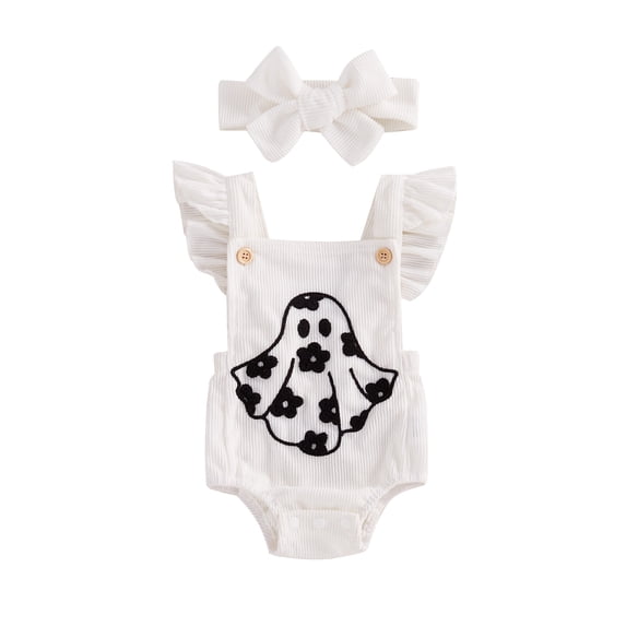 Michellecmm Halloween Baby Girl Outfit Fly Sleeve Ghost Flower Romper Hairband