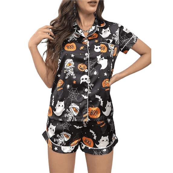 Michellecmm Halloween Pajama Set for Women Ghost Pumpkin Print Short Sleeve Button Closure Top with Shorts 2 Piece Sleepwear Loungewear
