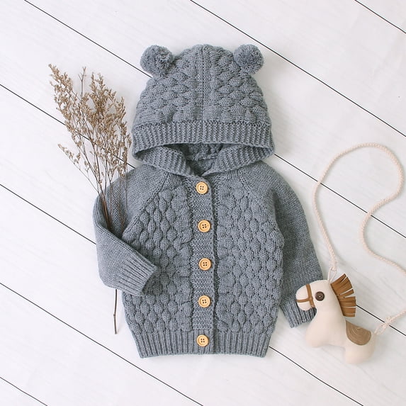 Michellecmm Infant Baby Solid Crochet Knit Coat For Boys Girls Long Sleeve Thermal Hooded Sweater Fall Spring