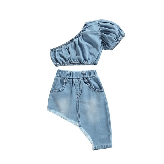 Michellecmm Kids Baby Girls Summer 2PCS Denim Clothes Set, Little Girls Solid Color Short Sleeve Off-shoulder Cropped Tops + Irregular Hem Skirt Outfit