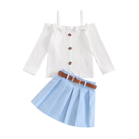 Michellecmm Little Girl Fall Outfit Bow Cold Shoulder Tops Pleated Skirt with Belt
