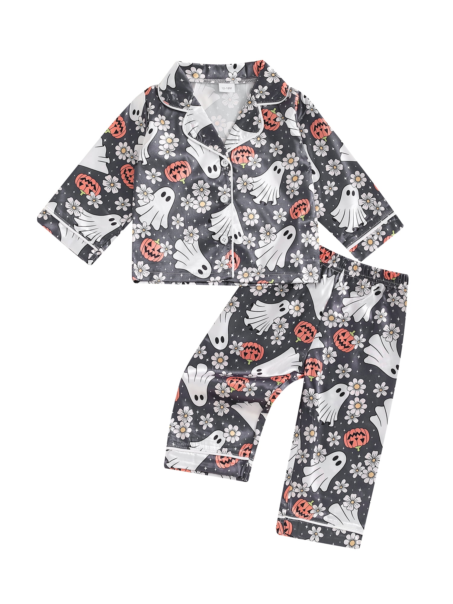 Women's Halloween Pajamas Set | 2 Piece Satin PJS With Ghost & Pumpkin Print | Long Sleeve Top & Pants | Cute Sleepwear