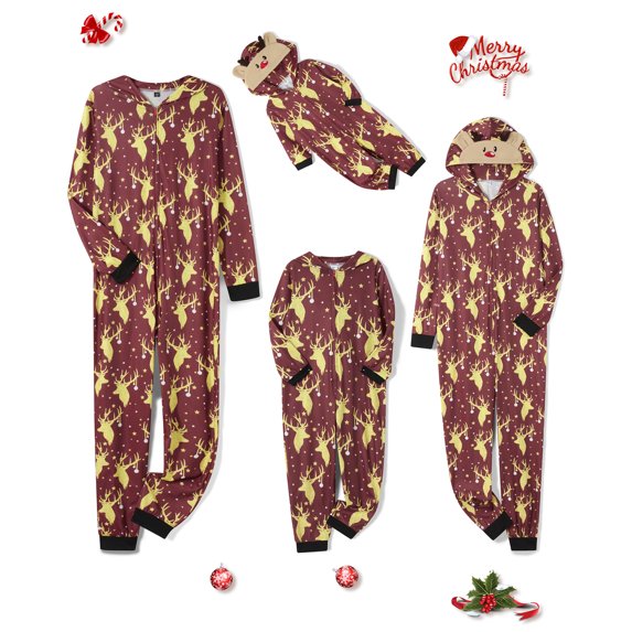 Michellecmm Matching Christmas Pajamas for Family Long Sleeve Elk Antler Hooded Romper Zip Up Jumpsuits