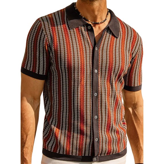 Michellecmm Men Striped Knitted Shirt Single-Breasted Open-Stitch Lapel Neck Tops