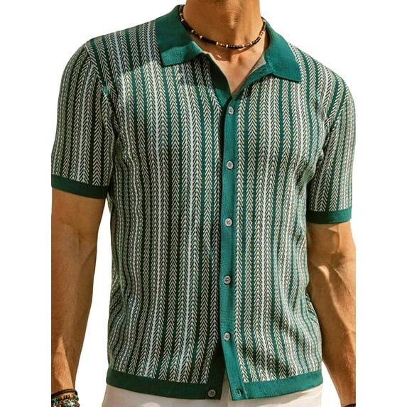 Michellecmm Men Striped Knitted Shirt Single-Breasted Open-Stitch Lapel Neck Tops