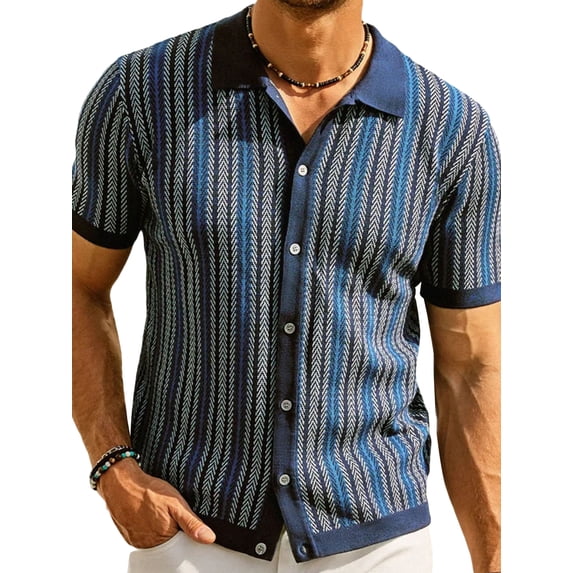 Michellecmm Men Striped Knitted Shirt Single-Breasted Open-Stitch Lapel Neck Tops