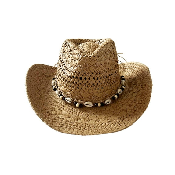 Michellecmm Men Women Beach Hat Breathable Cowgirl Straw Hat Stylish Shell Bead Design Wide Brim Sun Hat