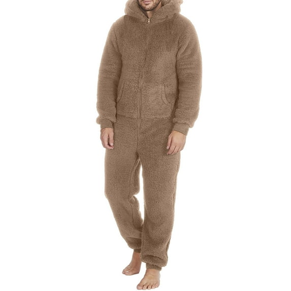 Michellecmm Men's Hooded Winter Fall Pajamas Fleece Solid Color Zipper Front Full Length Jumpsuit Sleepwear