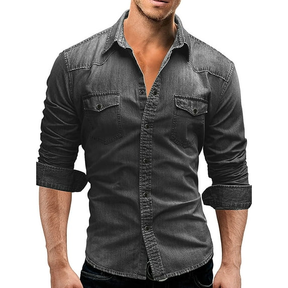 Michellecmm Men's Spring Autumn Casual Shirts Solid Color Long Sleeve Lapel Denim Tops Button Shirts for Party