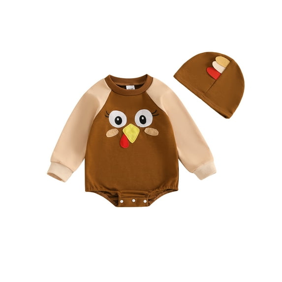 Michellecmm Thanksgiving Baby Boys Outfit, Turkey Print Contrast Color Romper Hat