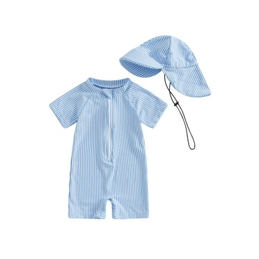 Michellecmm Toddler Boy Striped Swimsuit Short Sleeve Half Zipper Non-Pilling Rash Guard Swimwear Sunhat Set