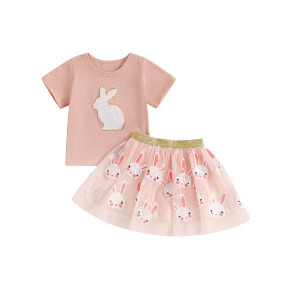 Michellecmm Toddler Girls 2Pcs Easter Outfits Short Sleeve Bunny Embroidery Tops + Mesh Skirt Set Baby Clothes
