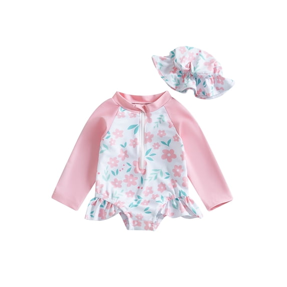 Michellecmm Toddler Girls Rash Guard Swimsuit Rompers Long Sleeve Floral Print Baby Ruffle Bathing Suit Swimwear with Swim Cap