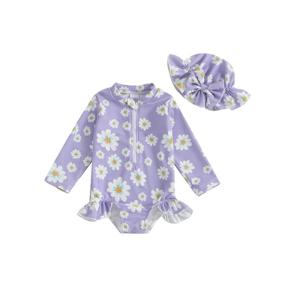 Michellecmm Toddler Girls Rash Guard Swimsuit Rompers Long Sleeve Floral Print Baby Ruffles Bathing Suit Swimwear with Swim Cap