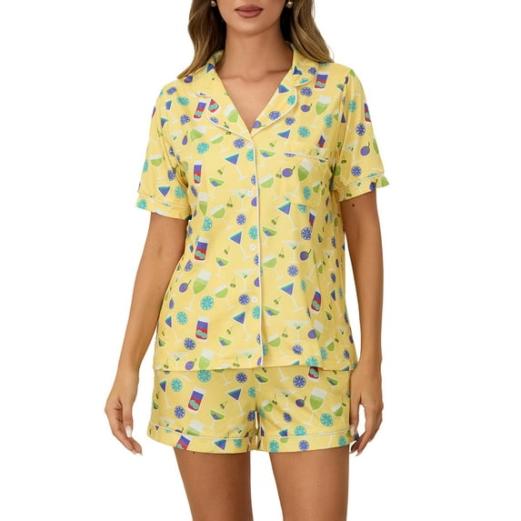 Michellecmm Women 2 Piece Lounge Set Short Sleeve Lapel Goblet Print Shirt Shorts