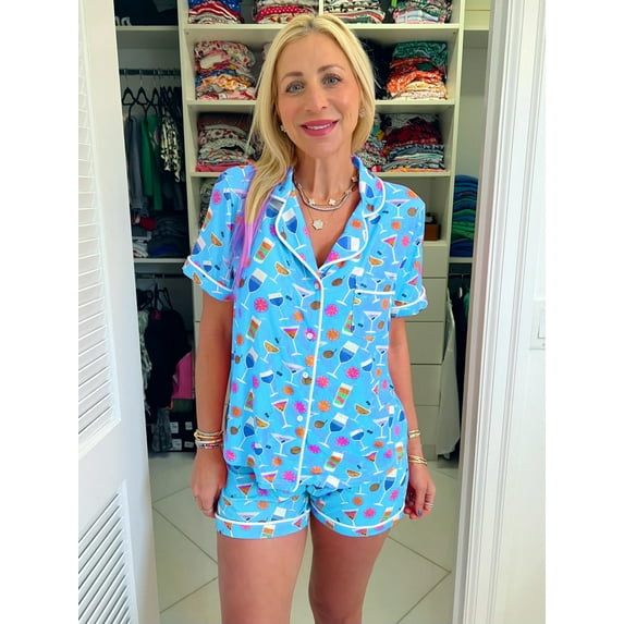 Michellecmm Women 2 Piece Lounge Set Short Sleeve Lapel Goblet Print Shirt Shorts