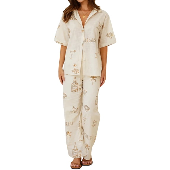 Michellecmm Women 2 Piece Outfits Fashion Short Sleeves Shirt and Wide Leg Pants