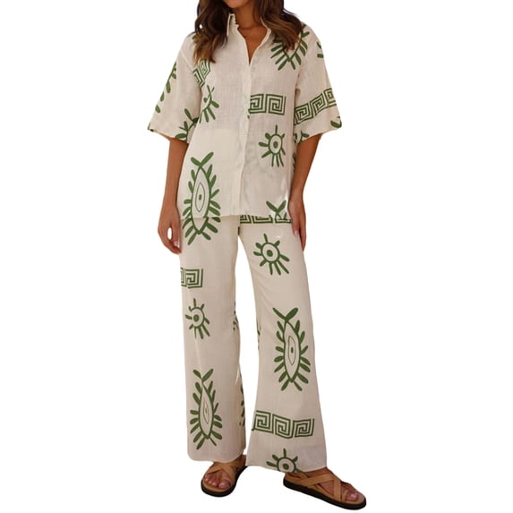 Michellecmm Women 2 Piece Outfits Fashion Short Sleeves Shirt and Wide Leg Pants