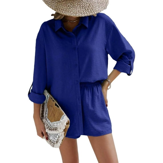 Michellecmm Women 2 Piece Outfits Solid Color Loose Long Sleeve Button Shirt and Casual Elastic Shorts Club Streetwear