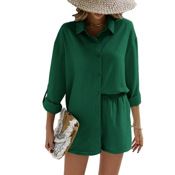 Michellecmm Women 2 Piece Outfits Solid Color Loose Long Sleeve Button Shirt and Casual Elastic Shorts Club Streetwear