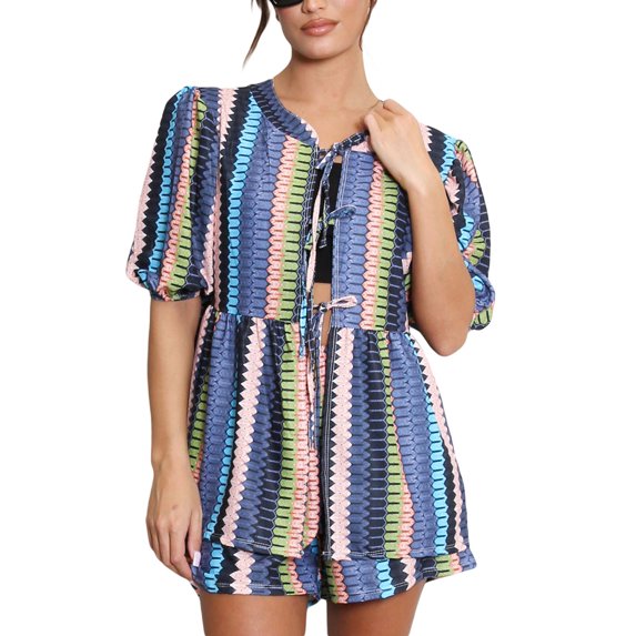 Michellecmm Women 2-Piece Outfits Summer Striped Print Tie Front Short Sleeves Shirt and Elastic Shorts