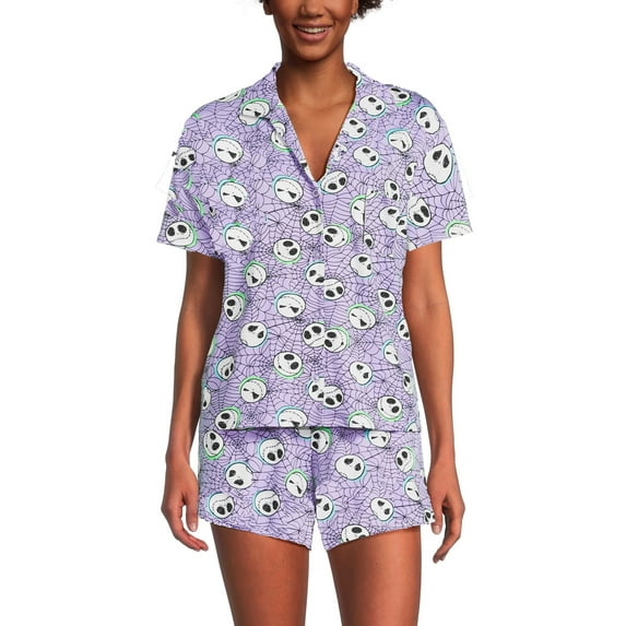 Michellecmm Women 2 Piece Pajamas Set Halloween Print Short Sleeves Shirt and Elastic Shorts for Loungewear Soft Sleepwear