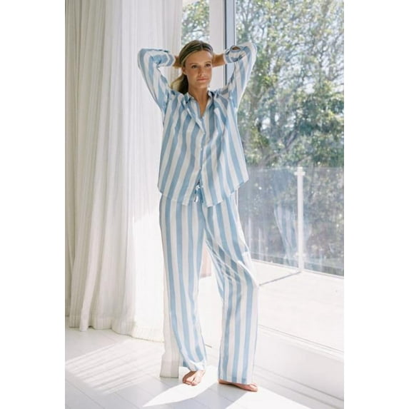 Michellecmm Women 2 Piece Pajamas Set Striped Print Button Shirt and Elastic Pants
