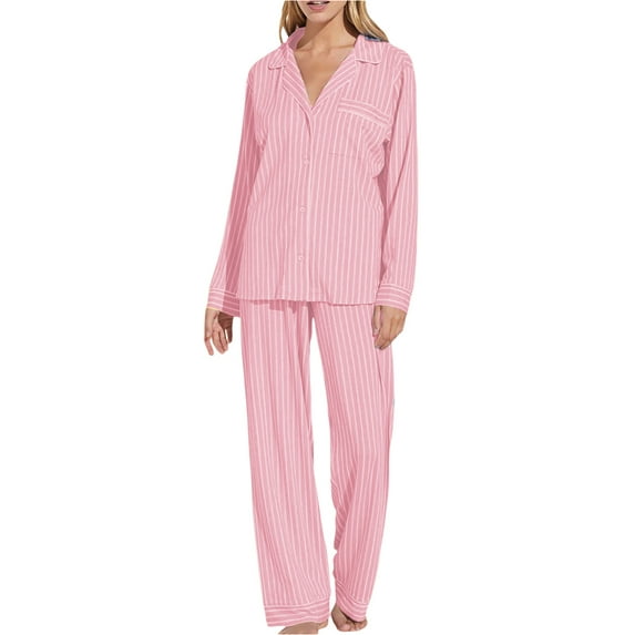 Michellecmm Women 2 Piece Pajamas Set Striped Print Long Sleeves Shirt and Elastic Pants for Loungewear Soft Sleepwear
