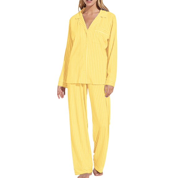 Michellecmm Women 2 Piece Pajamas Set Striped Print Long Sleeves Shirt and Elastic Pants for Loungewear Soft Sleepwear