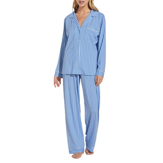 Michellecmm Women 2 Piece Pajamas Set Striped Print Long Sleeves Shirt and Elastic Pants for Loungewear Soft Sleepwear