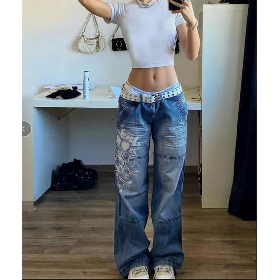 Michellecmm Women Baggy Jeans High Waist Loose Wide Straight Leg Distressed Vintage Cargo Denim Pants Streetwear
