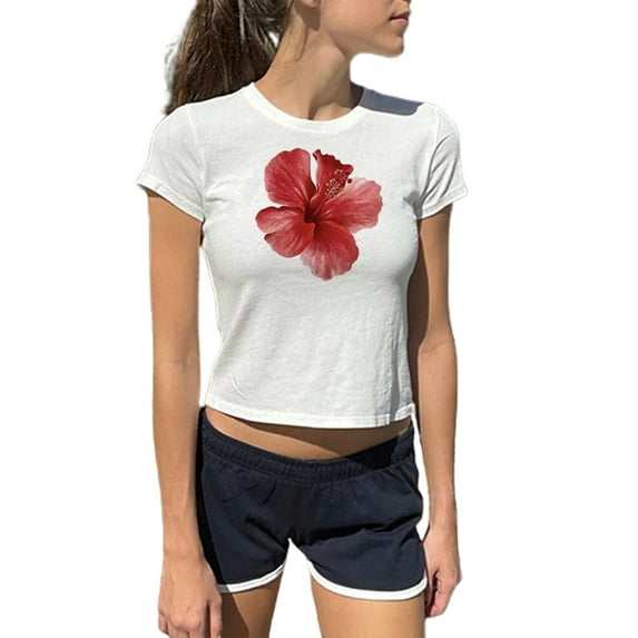 Michellecmm Women Basic T-Shirt Casual Summer Floral/Fruit Print Short Sleeve Tops for Streetwear Aesthetic Grunge Clothes