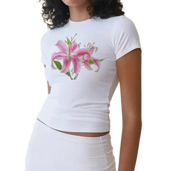 Michellecmm Women Basic T-Shirt Casual Summer Floral/Fruit Print Short Sleeve Tops for Streetwear Aesthetic Grunge Clothes