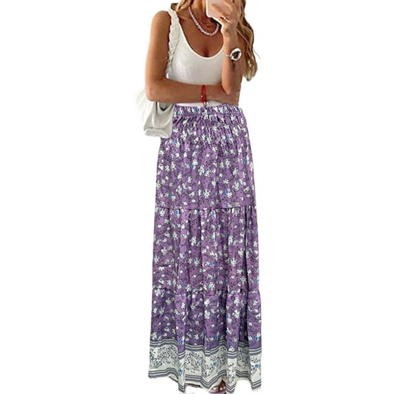 Michellecmm Women Bohemian Floral Skirt Casual Summer Elastic High Waist Skirt