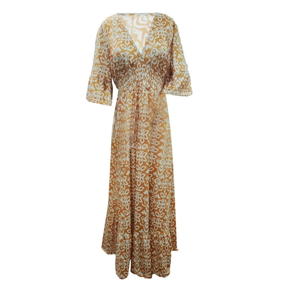 Michellecmm Women Bohemian Midi Dress Floral Print V-neck Half Sleeve Long Dress Elastic Waist Loose Flowy Dress for Beach Vacation