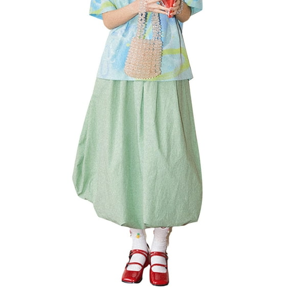 Michellecmm Women Bubble Skirt, Elegant Elastic Waist Pleated Solid Loose Summer Skirt Long Skirt