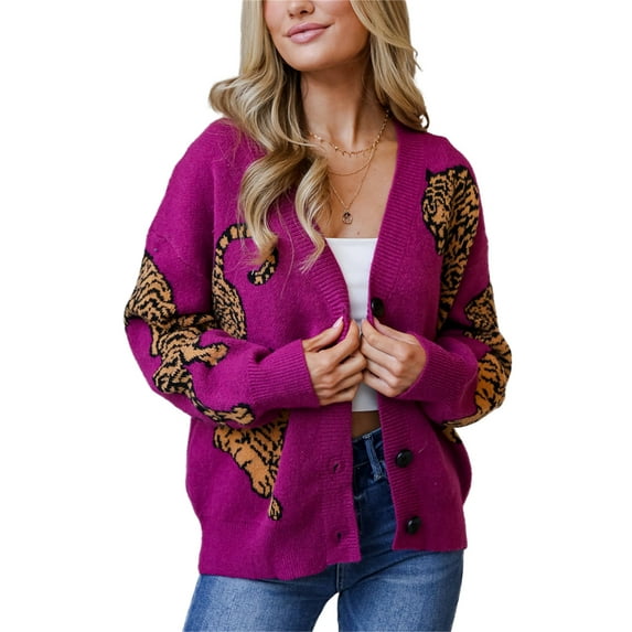Michellecmm Women Button up Sweaters Casual Lightweight Tiger Print Long Sleeves Knit Cardigans Warm Fall Knitwear for Streetwear