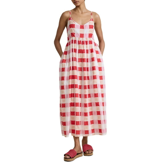 Michellecmm Women Cami Dress Plaid/Print V-Neck Spaghetti Straps A-line Dress