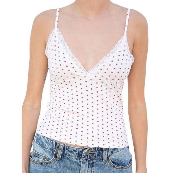 Michellecmm Women Camisole, Sleeveless V-neck Heart Print Lace Trim Tops Slim Fit Summer Vest