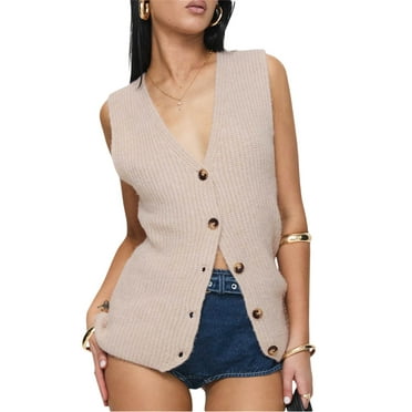 Michellecmm Women Cardigan Sweater Vests Solid Color V-Neck Buttons Sleeveless Pullovers Summer Casual Jumpers Knit Tops