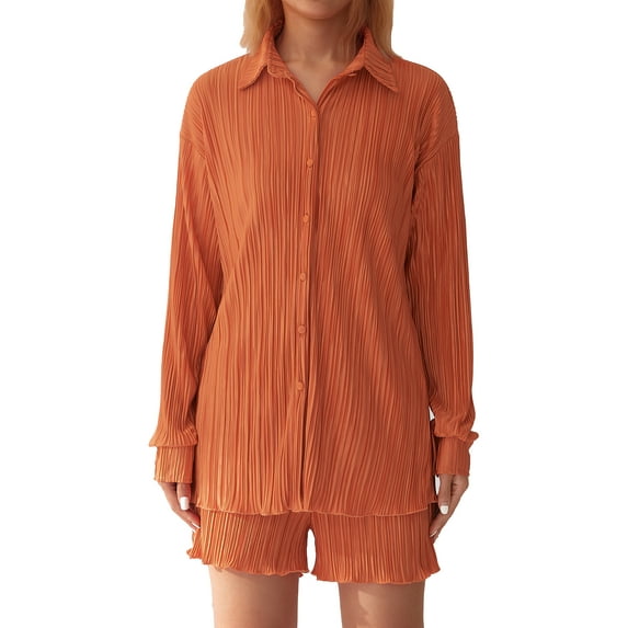 Michellecmm Women Casual 2 Pcs Clothes Set Solid Color Ruched Long Sleeve Button Down Shirts with Shorts Suit