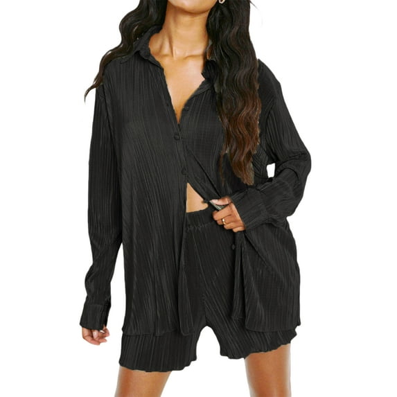 Michellecmm Women Casual 2 Pcs Clothes Set Solid Color Ruched Long Sleeve Button Down Shirts with Shorts Suit